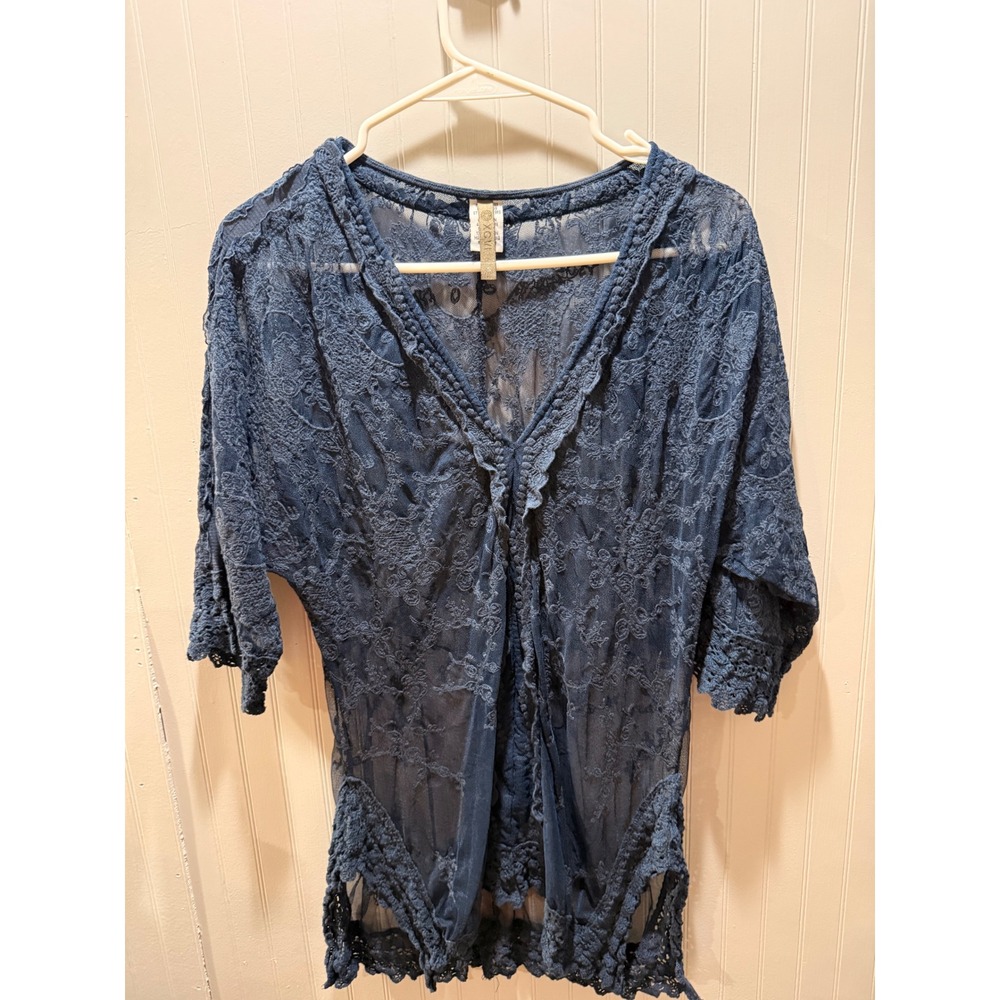 XCVI Womens Navy Blue Sheer Floral Lace Cardigan Embroidered Mesh Wrap Small